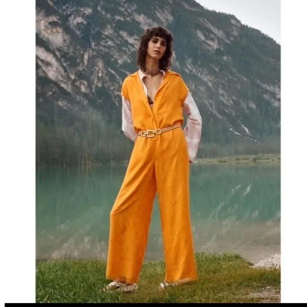 Zara Jumpsuit Womens Size Large Orange Yellow Jacquard Full Length Frayed Hem - Picture 3 of 11